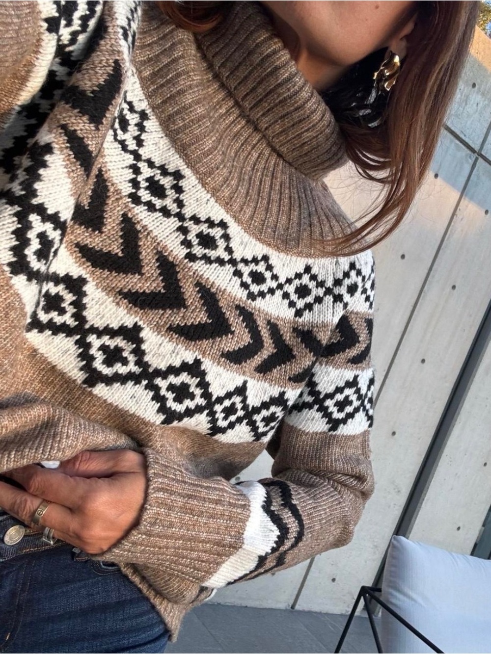 Turtleneck Fair Isle Sweater in Brown and White by Karen Millen